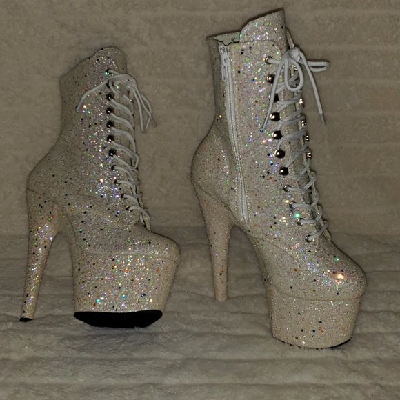 UV White Glow In The Dark Glitter 7" Platform Heel Ankle Boots Adore 1020uvlg - Picture 14 of 16